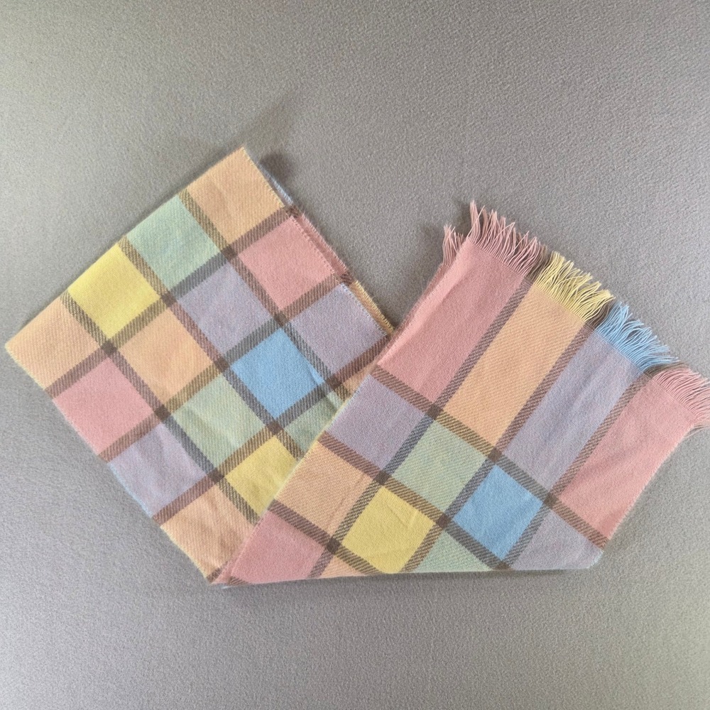 Vintage Courtelle Pastel Plaid Scarf Made in France Fringed Acrylic 56" Grandma
